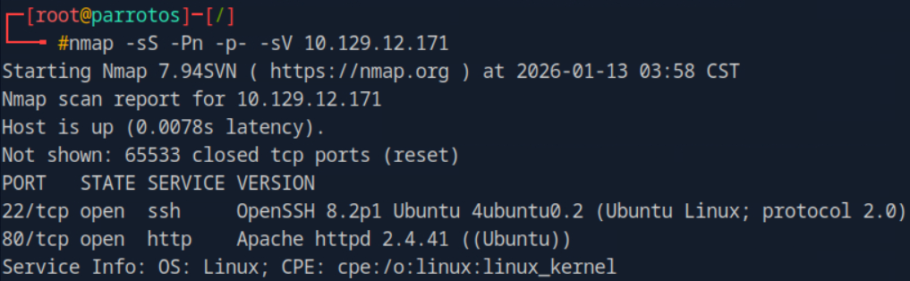 Screenshot of the Knife machine HTB walkthrough - initial nmap scan