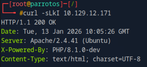 Screenshot of the Knife machine HTB walkthrough - discovering the PHP version