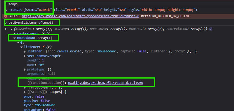 listing the event listeners on the canvas