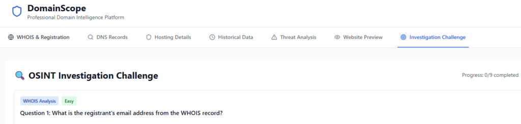 DomainScope page from THe Suspicious Domain very easy challenge on Hack The Box