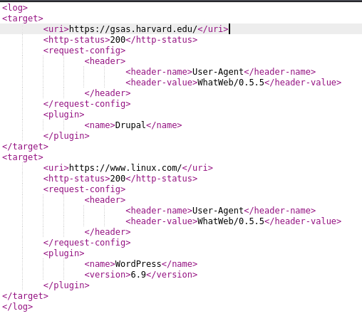 XML results of a whatweb scan using CMS plugins