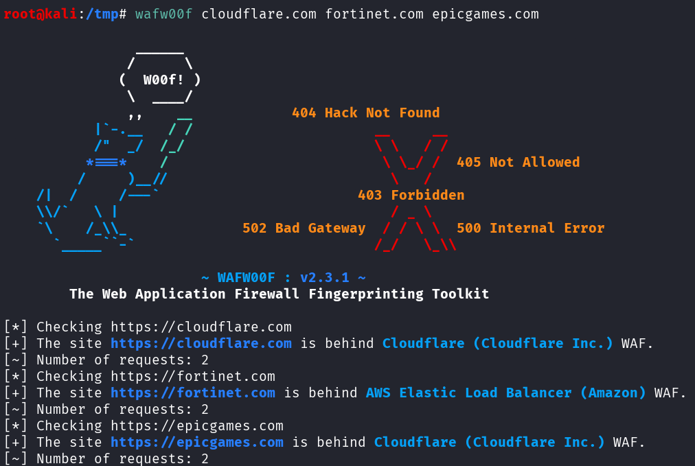 scanning for WAF on cloudflare, fortinet and epicgames websites