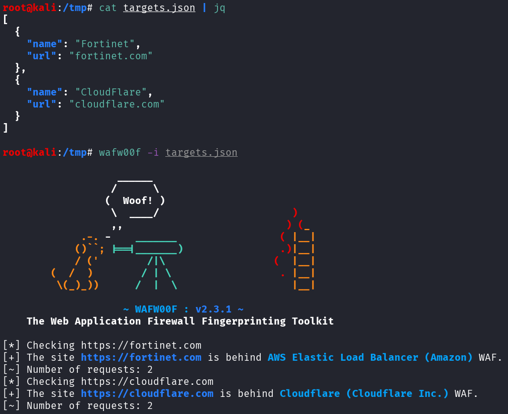 Scanning the targets from a JSON file with wafw00f