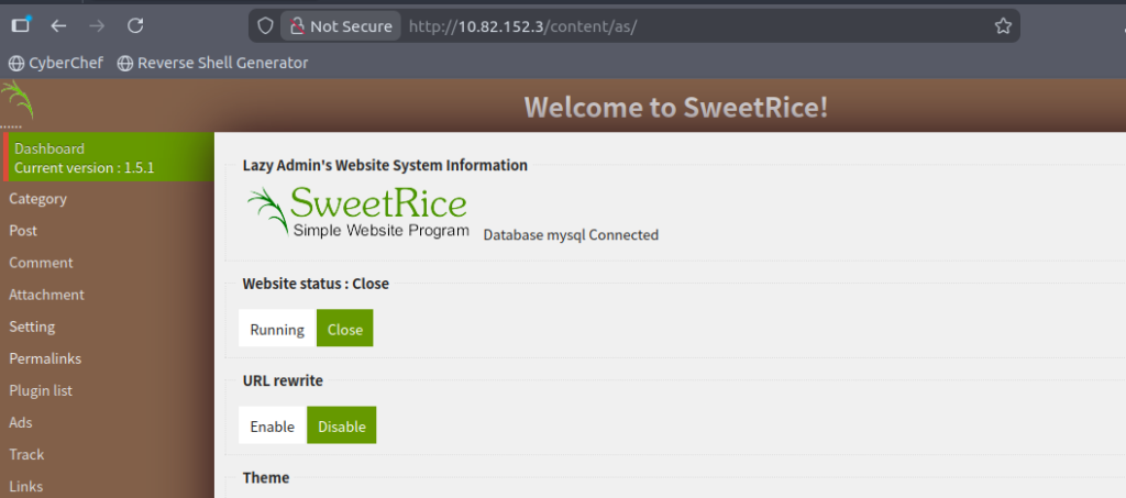 SweetRice administration panel on Lazy Admin THM challenge