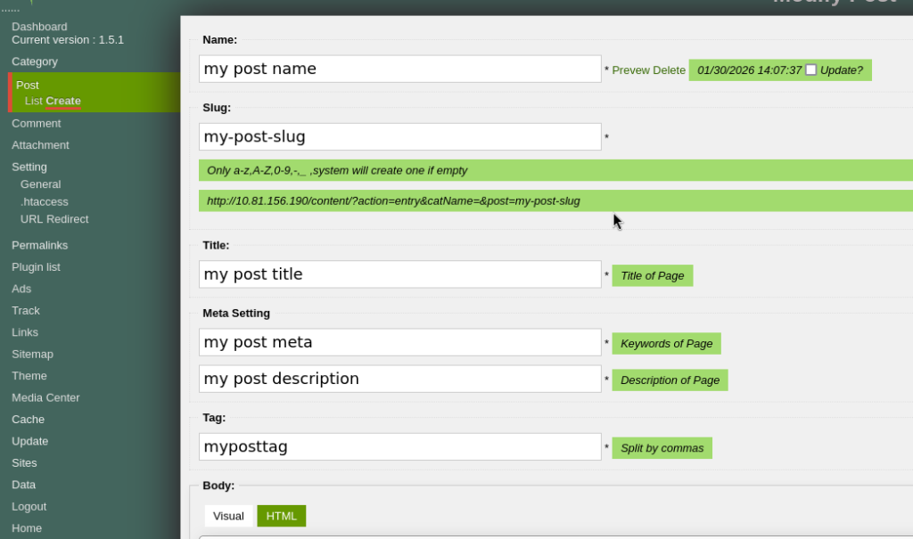 Creating a new post on Lazy Admin TryHackMe Challenge