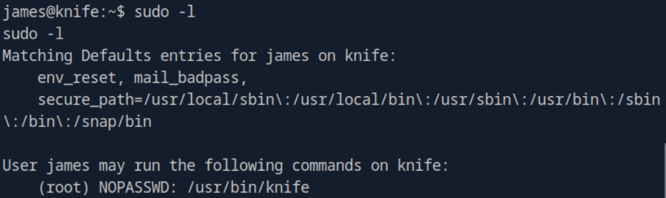 Screenshot of the Knife machine HTB walkthrough - Checking our sudo rights
