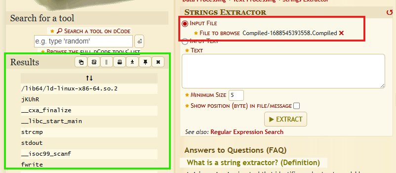 Retrieving the strings of a compiled file online on dcode.fr